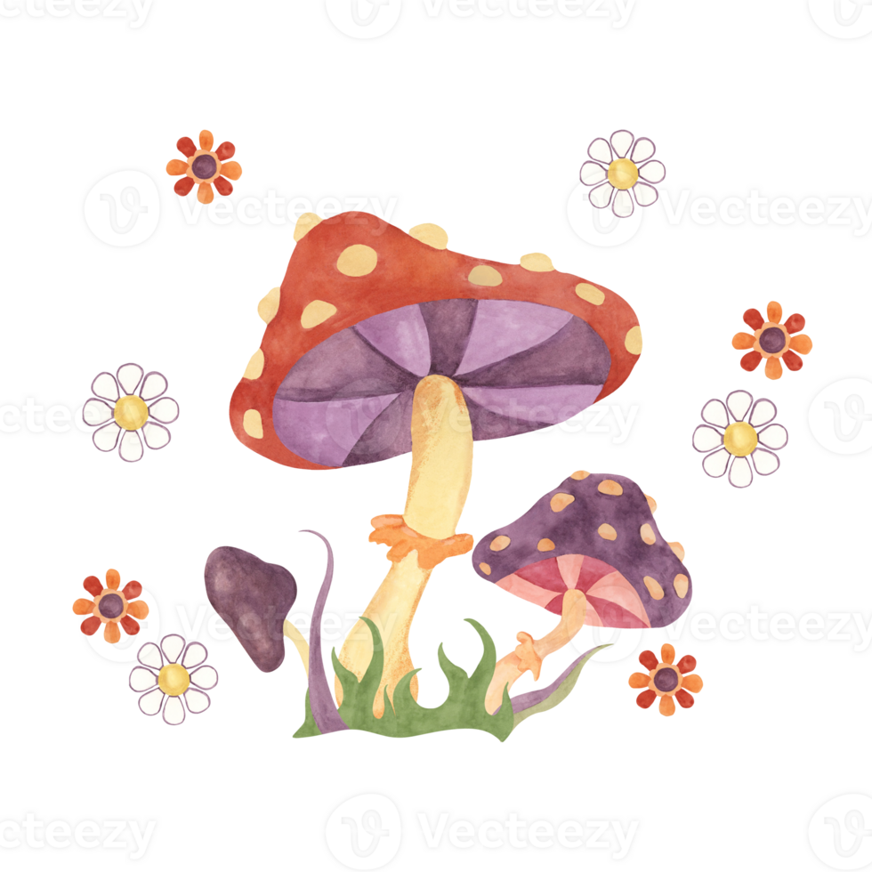 Retro hippie flowers, grass and fly agaric mushrooms 70s style. Hippie psychedelic groovy fungus clipart. Watercolor illustration for flower power sticker, nostalgic design, printing, quote, t-shirt png