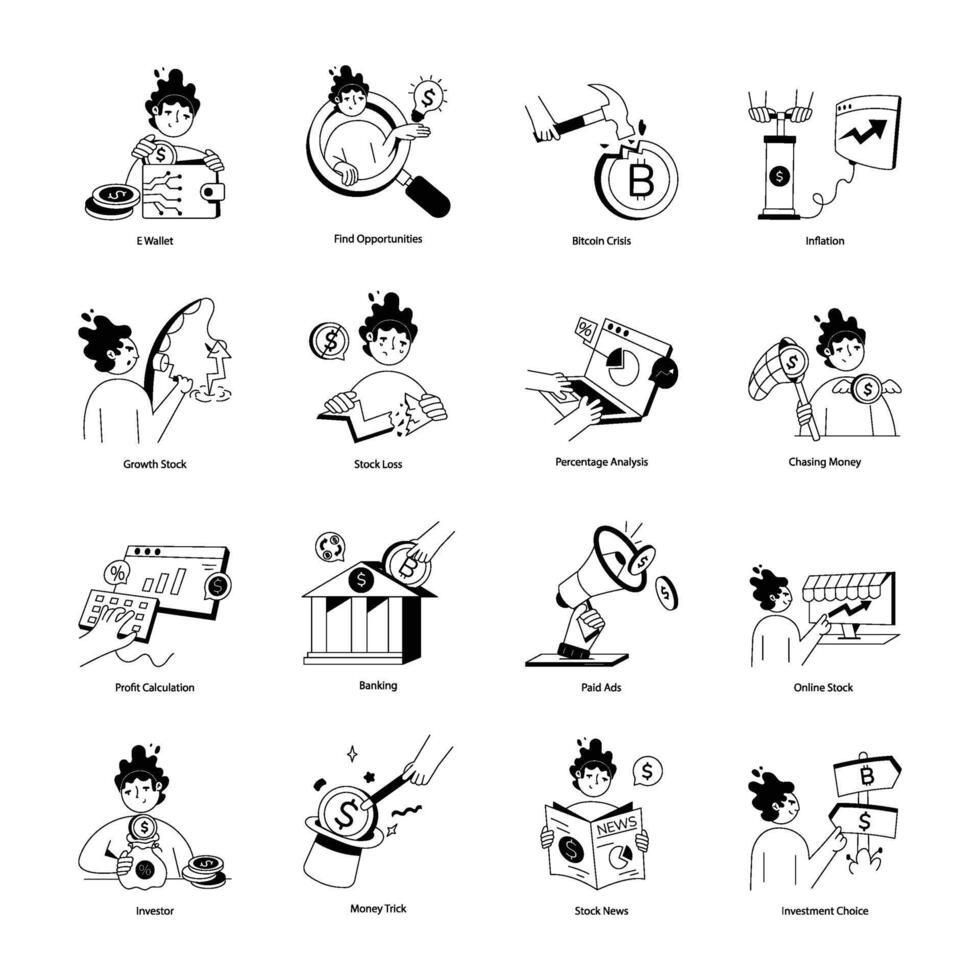 Stock Market Doodle Mini Illustrations vector