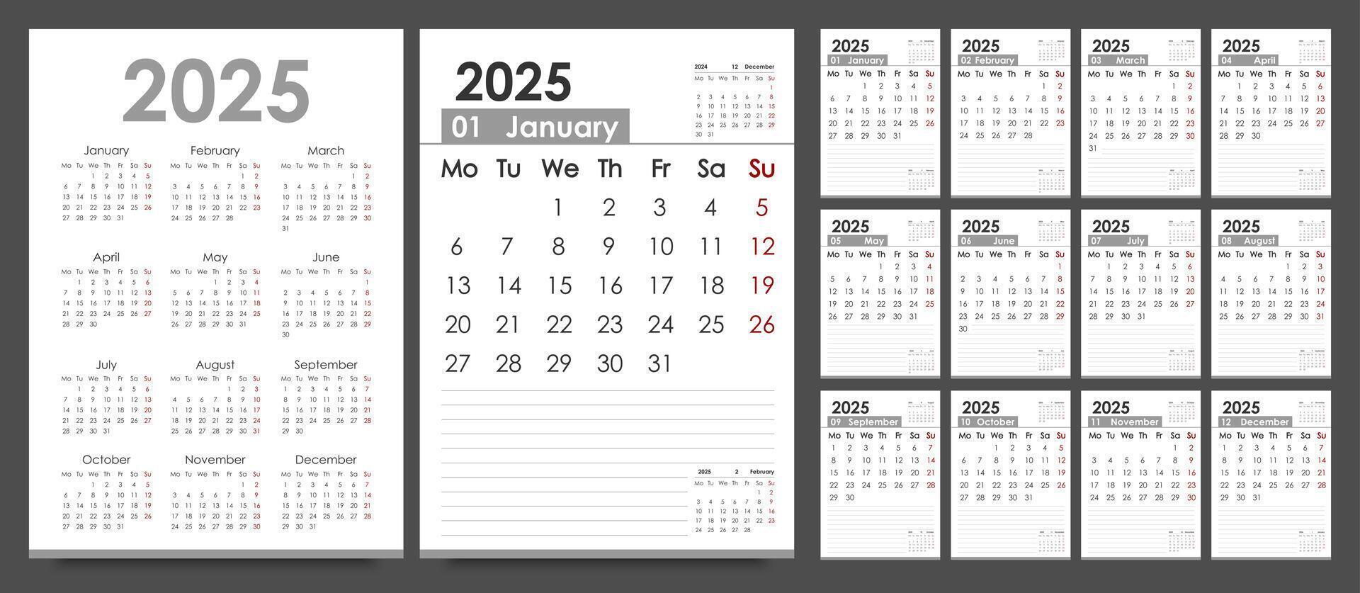 Planner 2025 year. Calendar template. Vertical orientation. vector