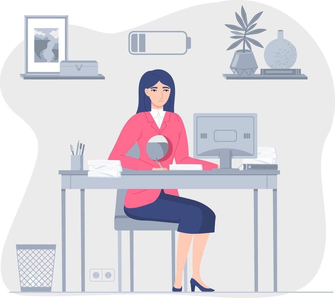 Emotional burnout syndrome. A woman, visibly exhausted, works at a computer with no energy, with a hole in her chest as a visual metaphor of her emptiness. vector