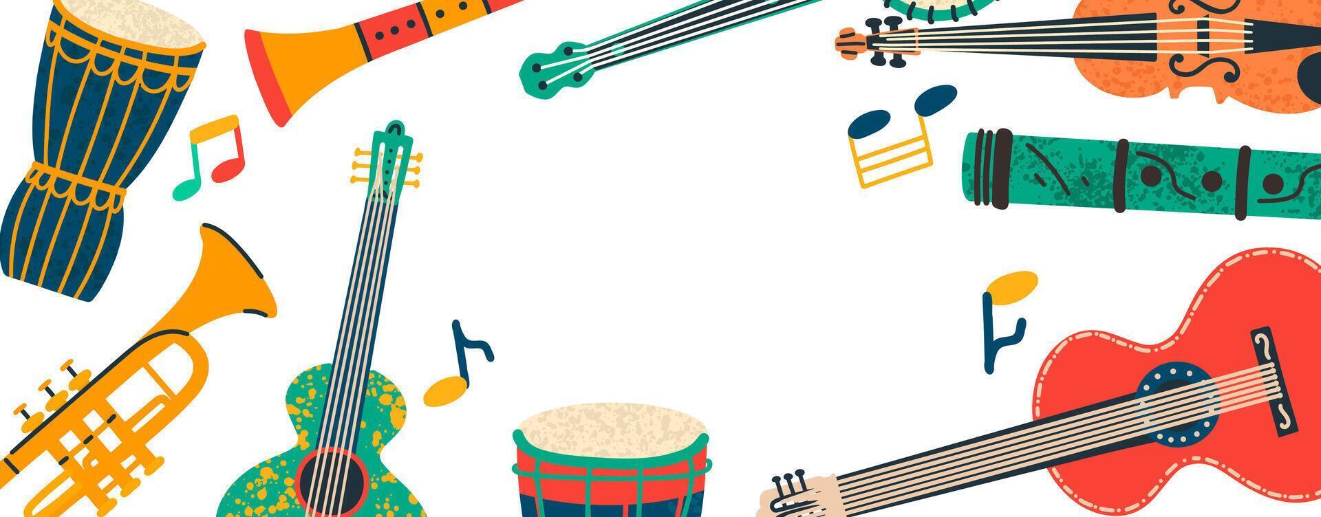 Frame with colorful musical diversity instruments objects. Musical event poster with copy space for text. vector