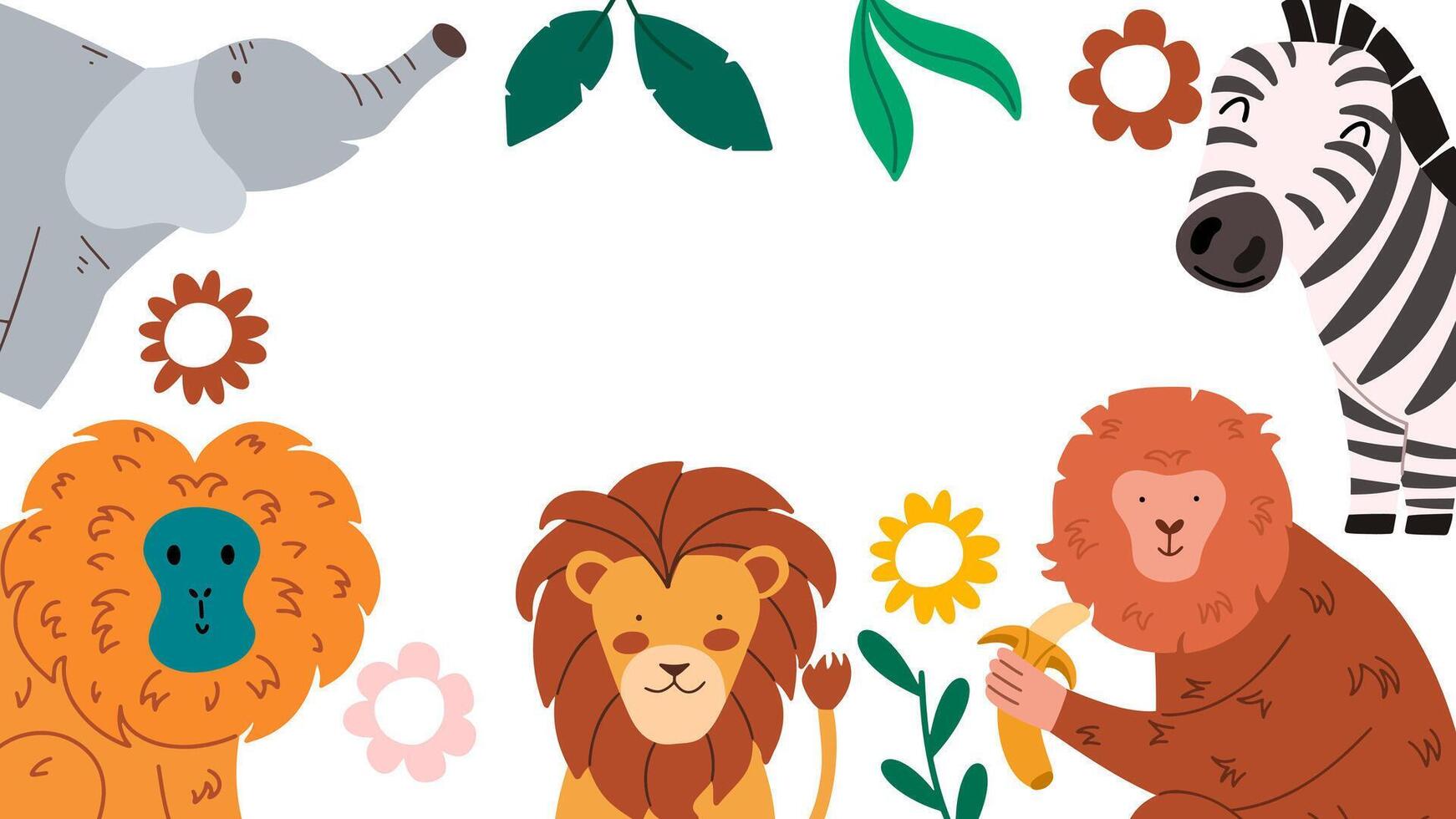 Baby cartoon background with funny animals. African wildlife frame with cute lion, monkey, elephant. vector