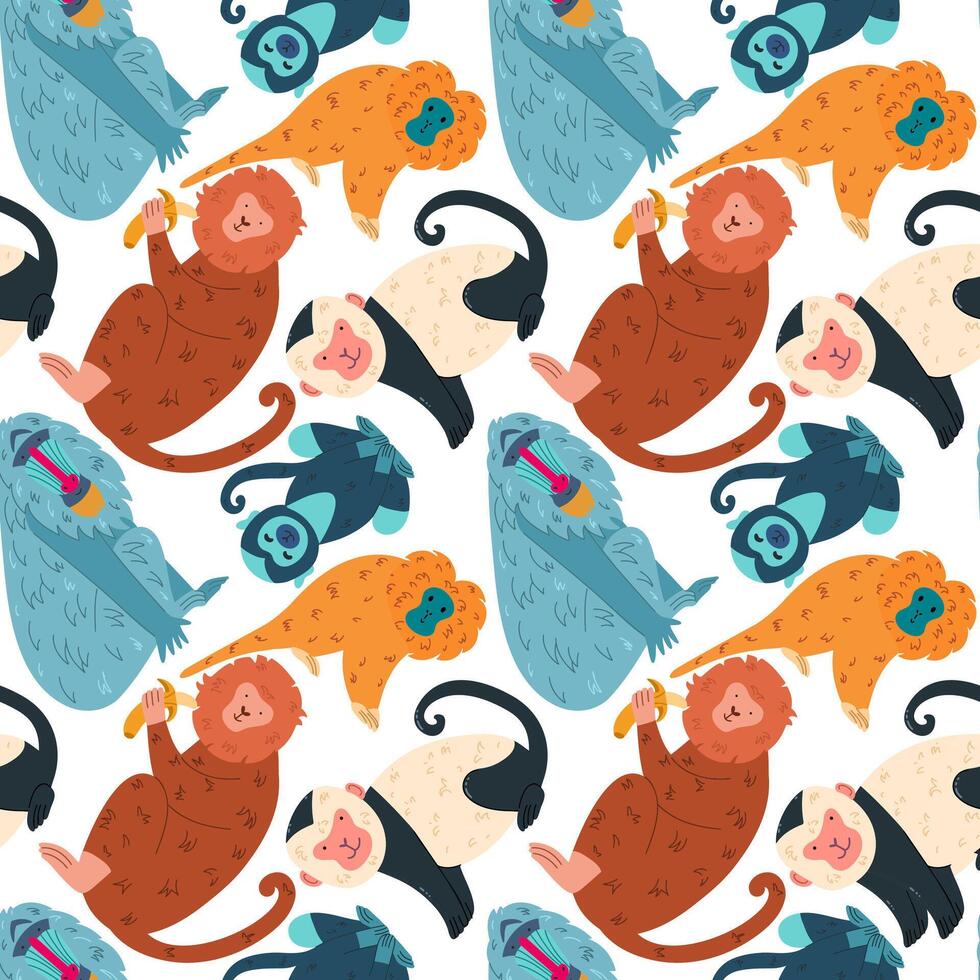 Seamless pattern with different colorful cute monkeys. vector