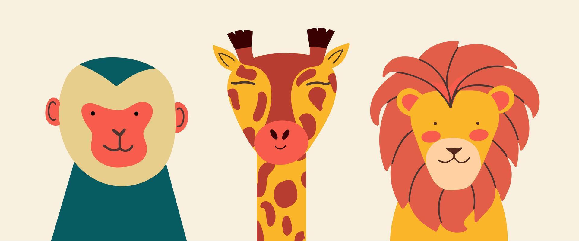 Cute portraits baby jungle animals. Giraffe, lion, monkey. Cartoon