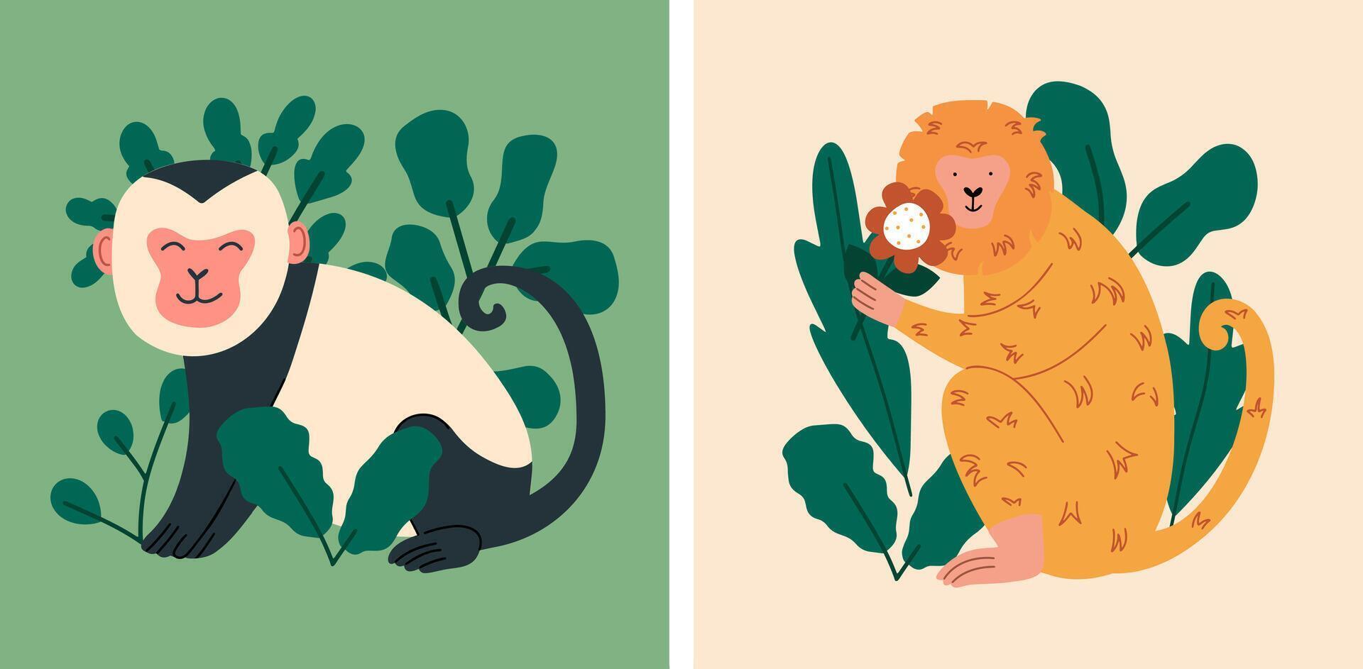 Cards with funny cute friendly monkeys in nature. Childish flat design postcards. vector