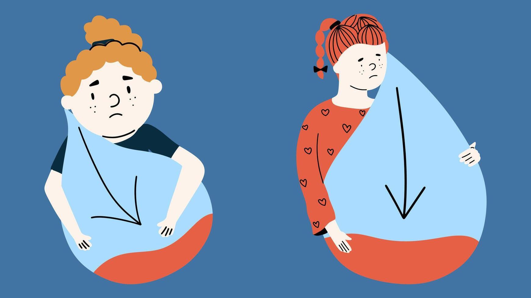 Children hugs a drop of blood with a low sugar reading. The concept of pre-diabetes or anemia. vector