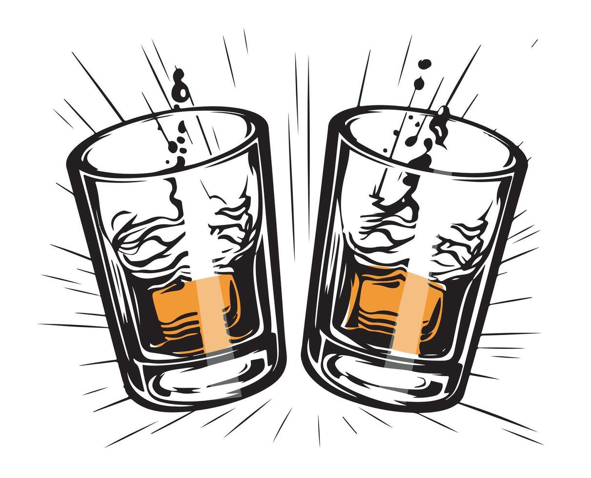 Two toasting glasses of whiskey. Cheers glass illustration vector