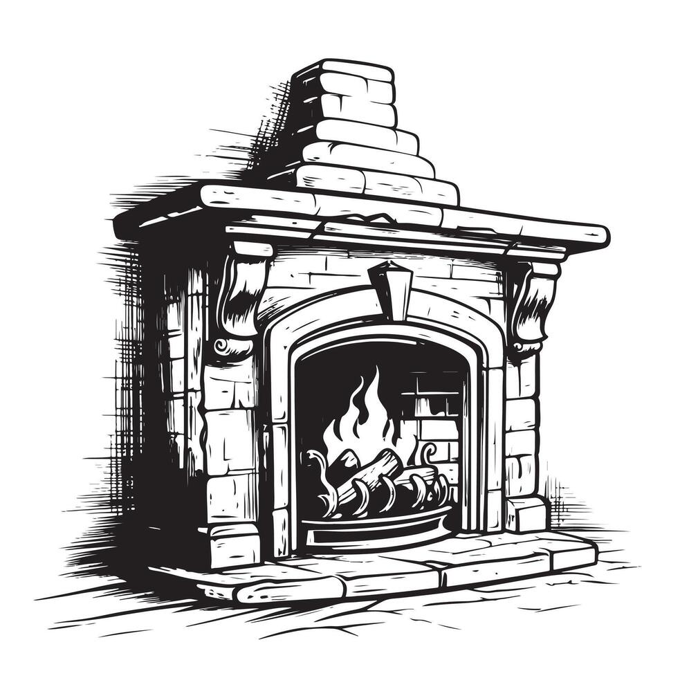 Vintage fireplace hand drawn sketch vector