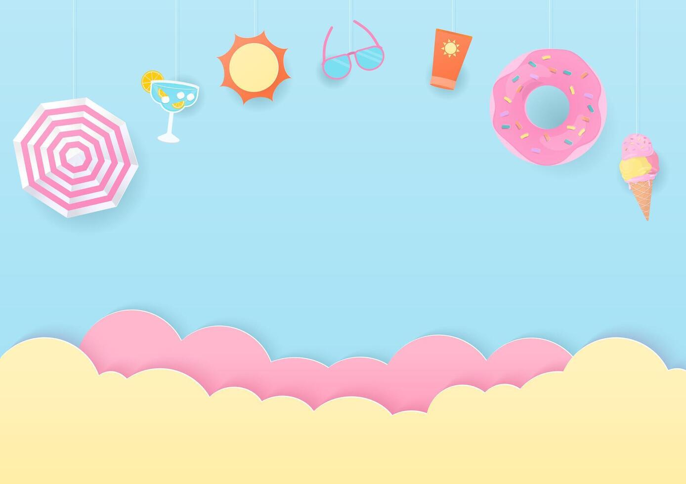 Pastel summer elements and cloud background vector