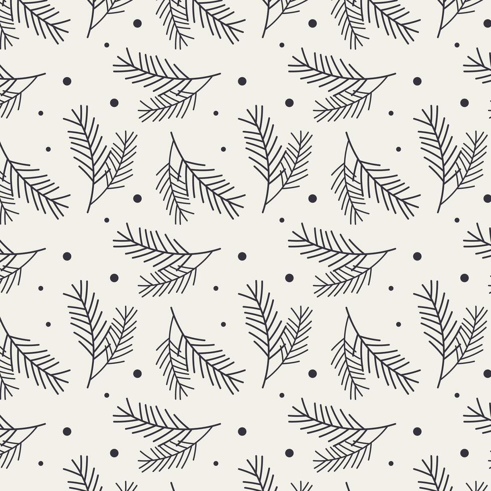 Fir pine branches with needles Christmas pattern on beige background. For background, packaging, backdrop, backing. vector
