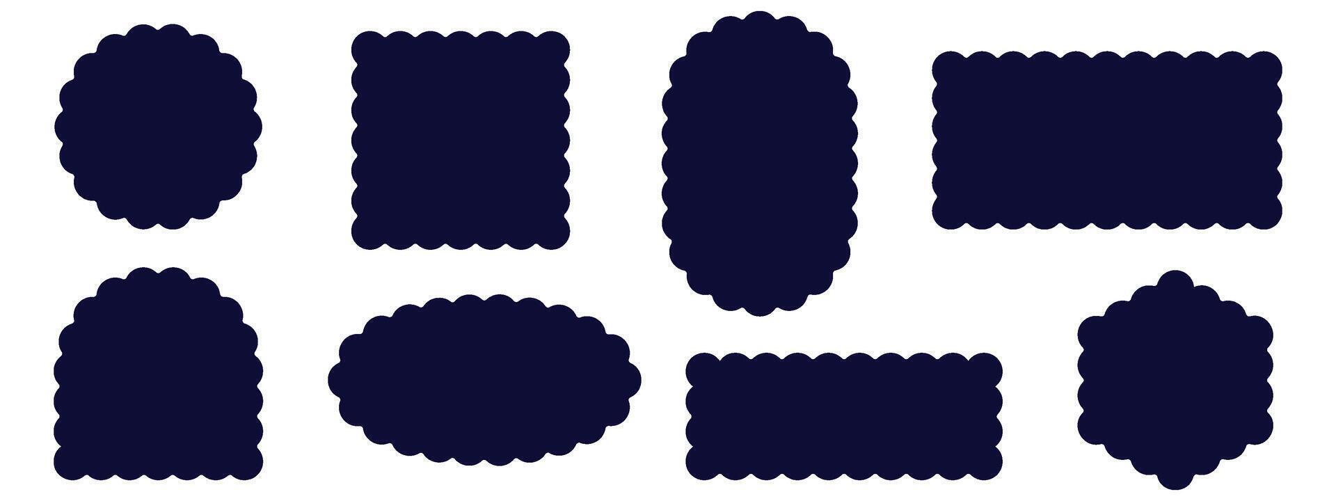Set of rectangular, round, oval and square scalloped frames. Zig zag Wavy Edge. Abstract elements for tag, stickers. illustrations set isolated on white background. vector