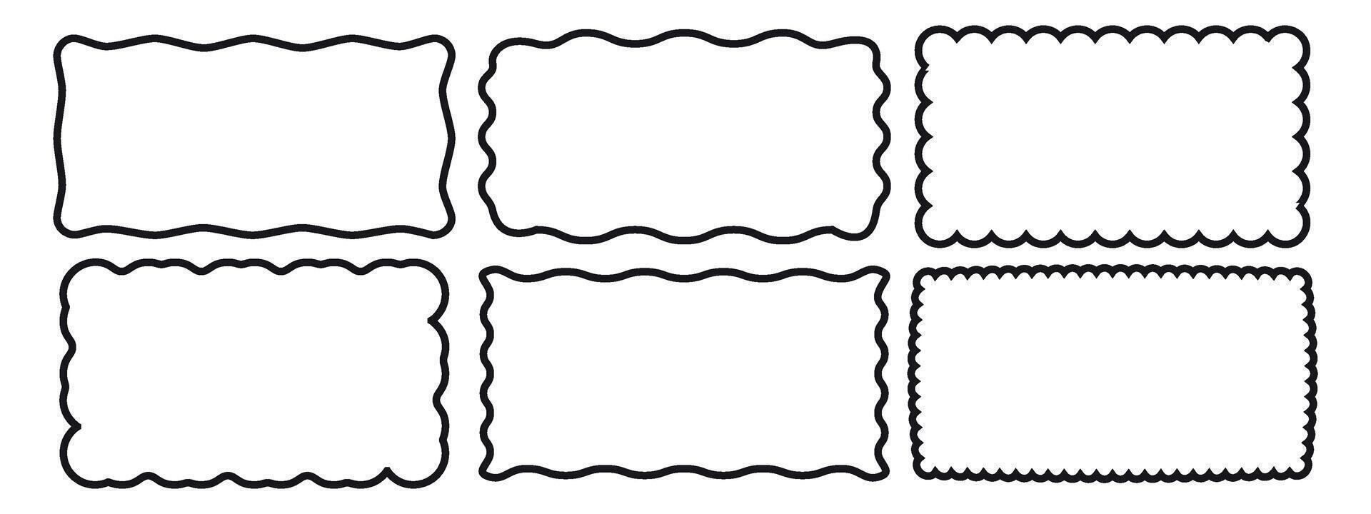 Set of rectangular scalloped and wavy frame. Pop vintage groovy border. illustration on white background vector