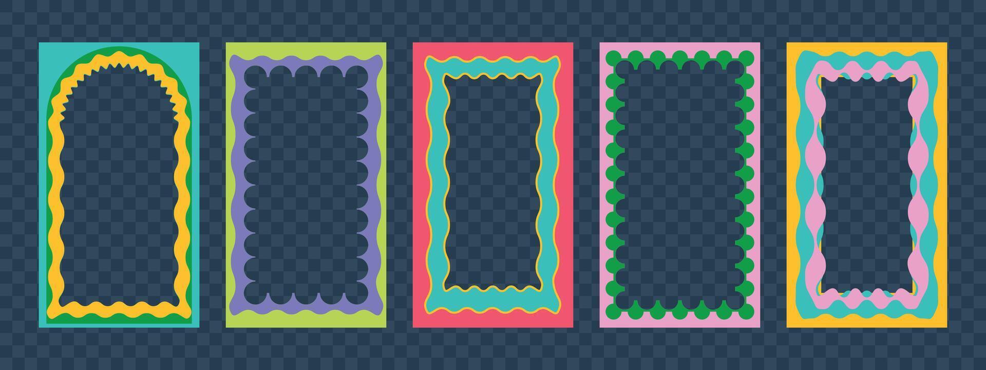 A set of colourful frames with scalloped and wave edge. Trendy modern template for social networks. illustration on black background. vector