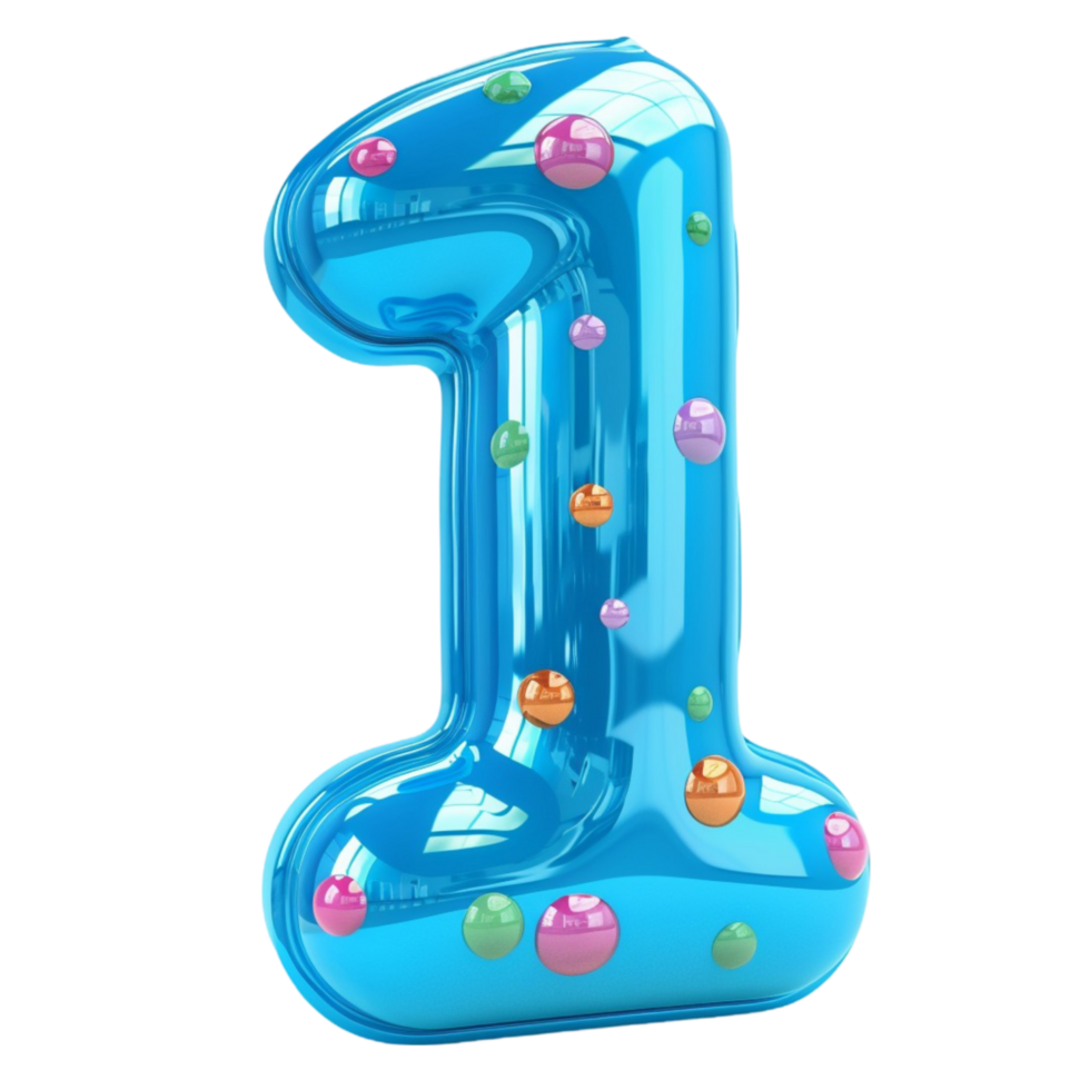 Blue number one balloon with colorful dots on transparent background png