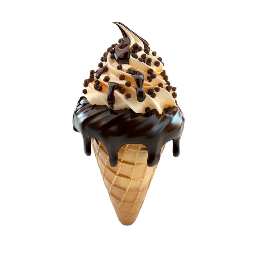 Ice Cream cone with chocolate sauce and sprinkles on transparent background png