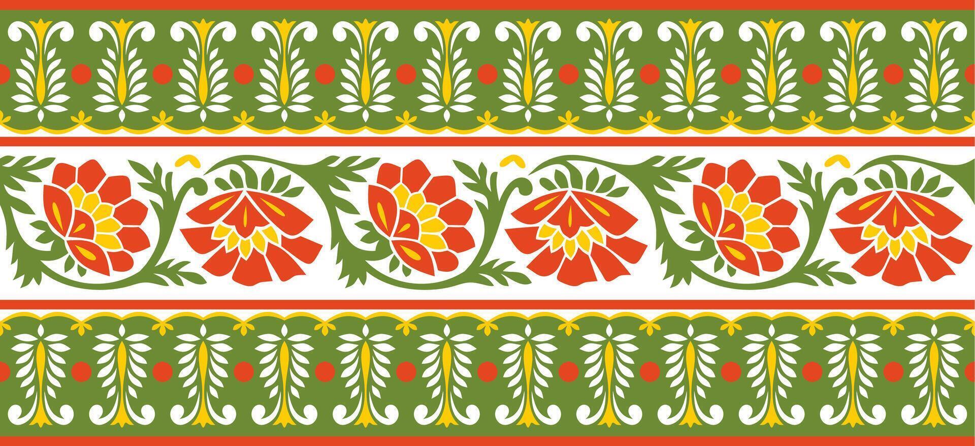 seamless colorful Indian national ornament. Ethnic endless plant border. Flowers frame. Poppies and leaves. vector