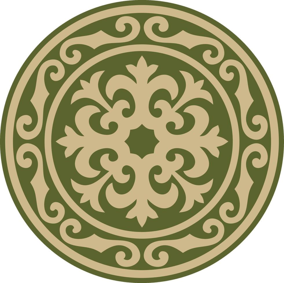 green and gold round Kazakh national ornament. Ethnic pattern of the peoples of the Great Steppe, Mongols, Kyrgyz, Kalmyks, Buryats. circle, frame border. vector