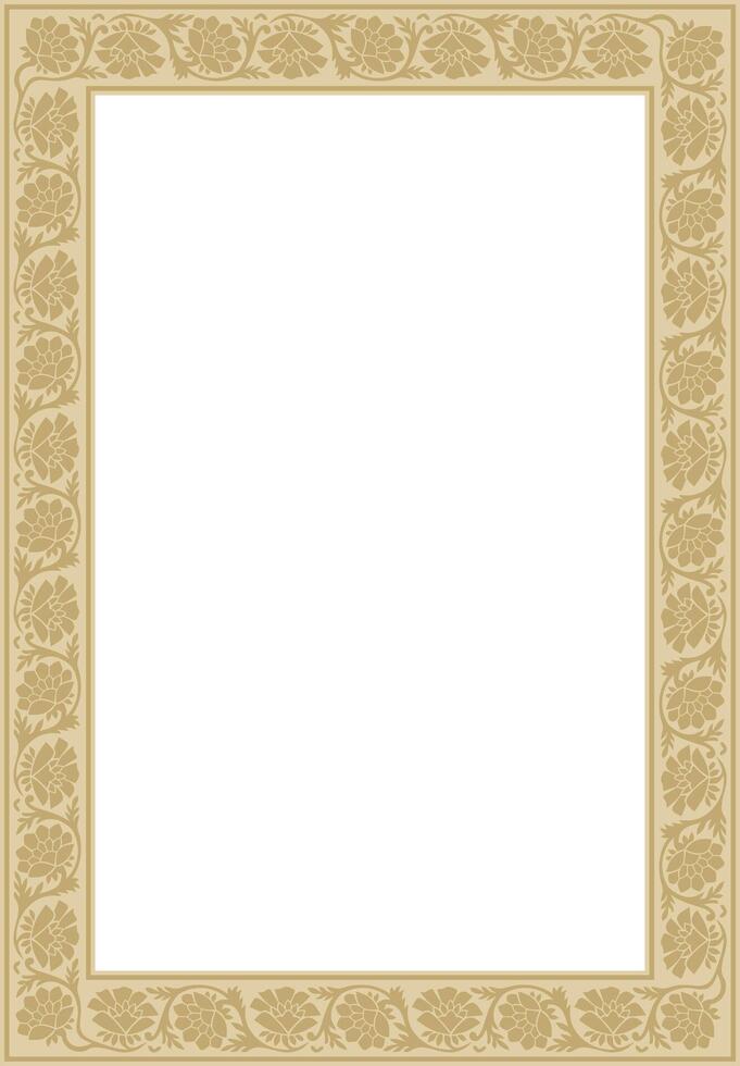 square golden Indian national ornament. Ethnic plant border. Flowers frame. Poppies and leaves. vector