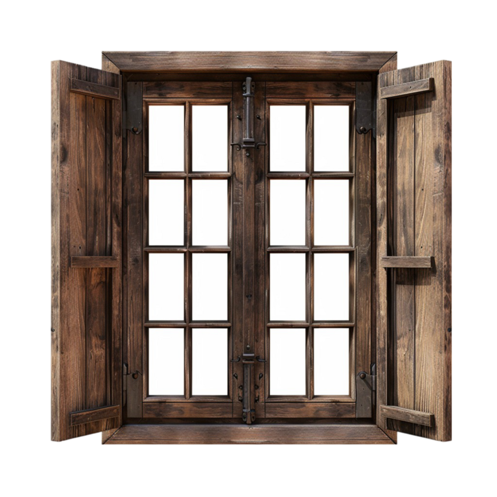 An open window with a wooden frame and a wooden door on a transparent background png