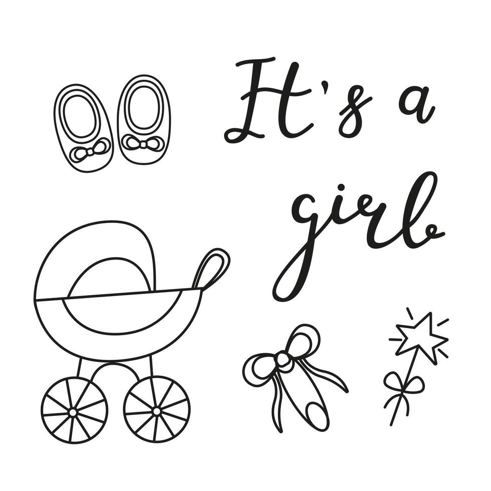 Greeting card for the birth of a Girl. Image of a baby carriage and things for newborns in doodle style. invitation card template for baby gender reveal party. vector