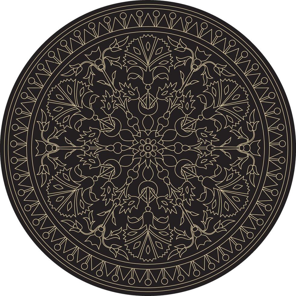 linear contour black and gold round Turkish ornament. Ottoman circle, ring, frame. Muslim pattern for stained glass. vector