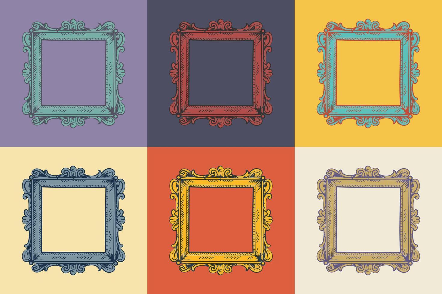 Set of retro square frame engraving ornament isolated on colorful background. Sketch hand drawn illustration. vector