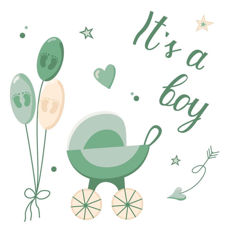 Hand drawn greeting card for the birth of a Boy. invitation card template for baby gender reveal party. Color illustration with balloons and a baby stroller for newborns on a white background. vector
