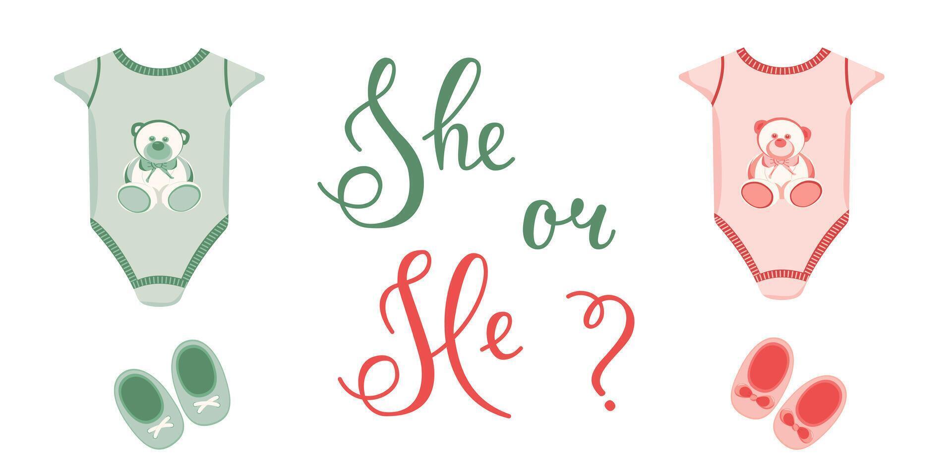 Greeting card He or She. invitation card template for baby gender reveal party. Color illustration with clothes for newborns on a white background. vector