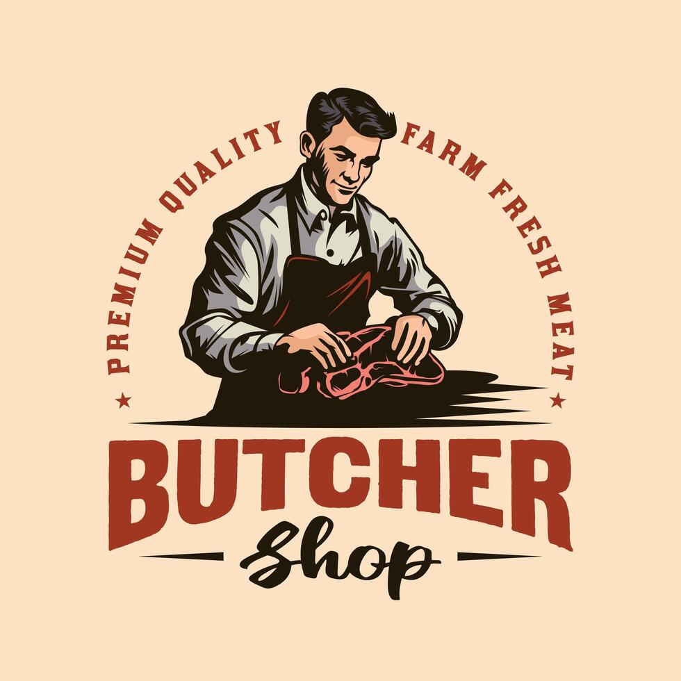 Butcher cutting meats vintage butchery shop logo vector