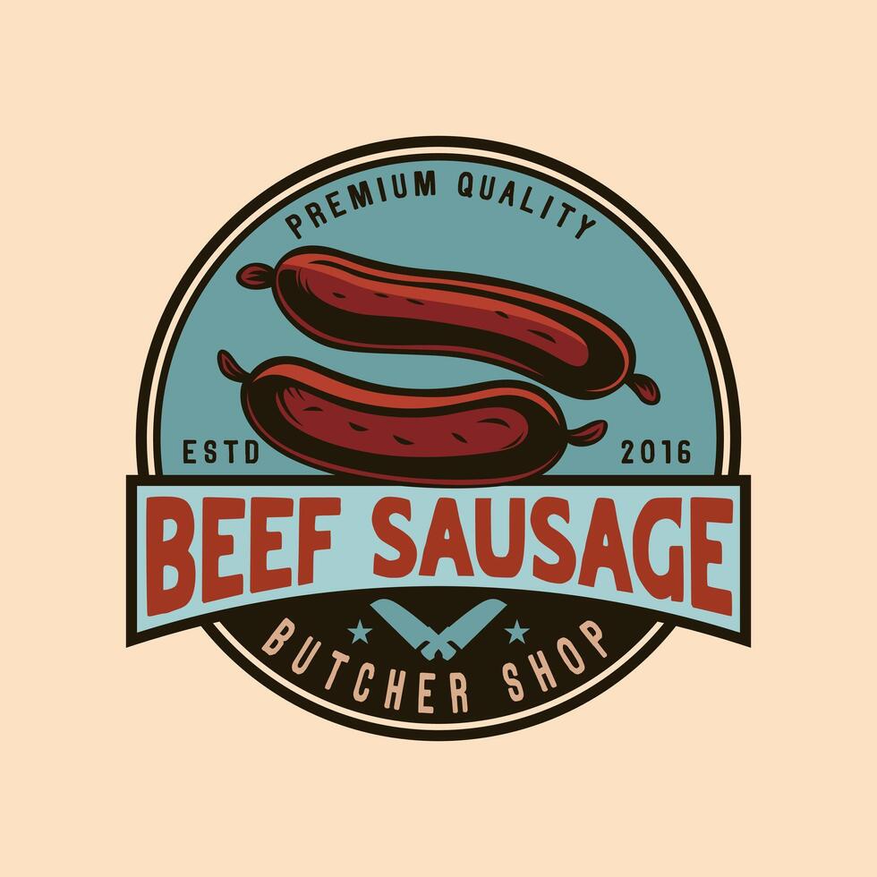 Beef sausage butchery shop red meat vintage logo vector