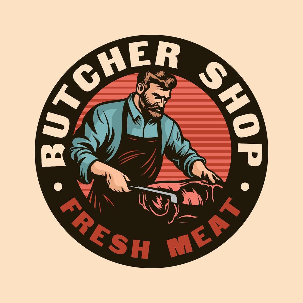 Butcher cutting meats vintage butchery shop logo vector