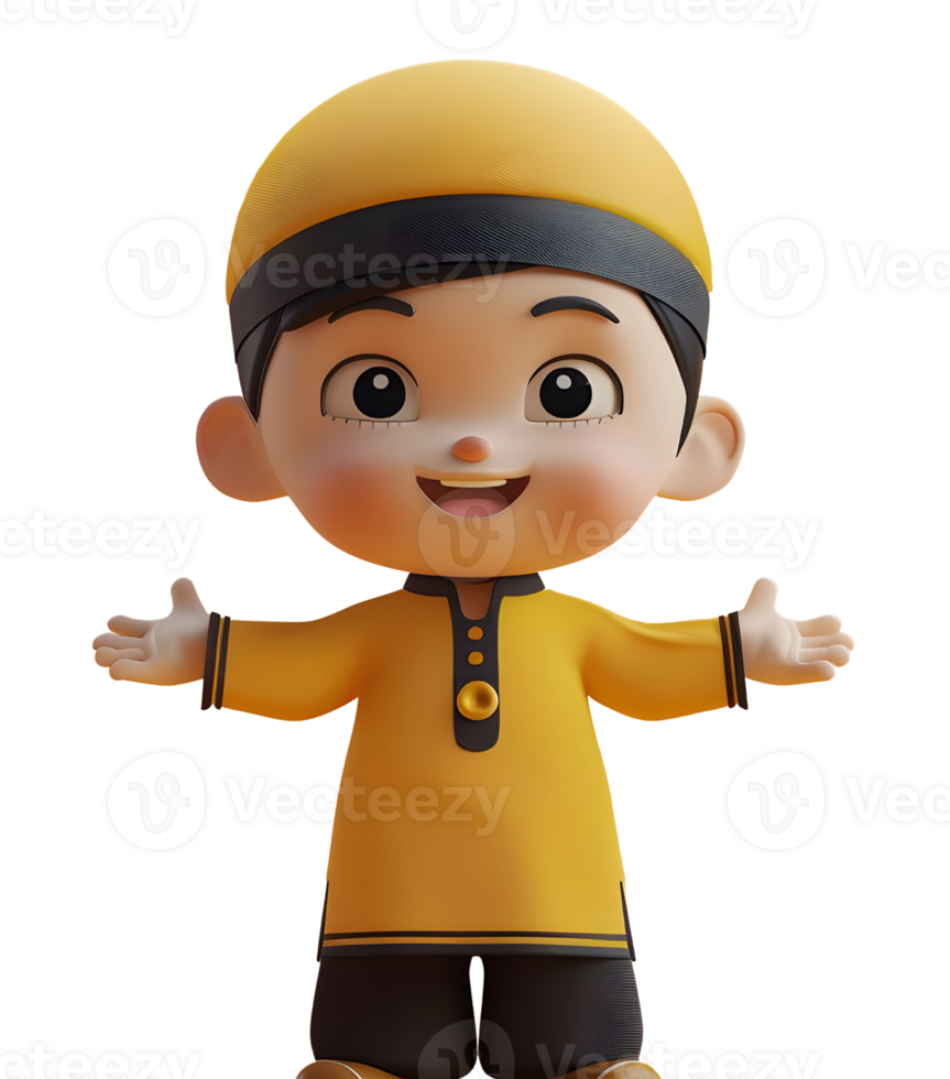 muçulmano 3d desenho animado Garoto vestindo amarelo camisa e boné é sorridente png