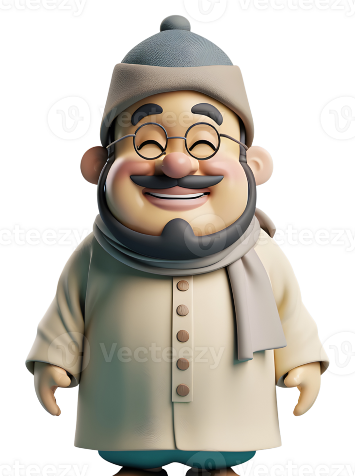 3d moslem character man with beard and glasses smiling wearing scarf png
