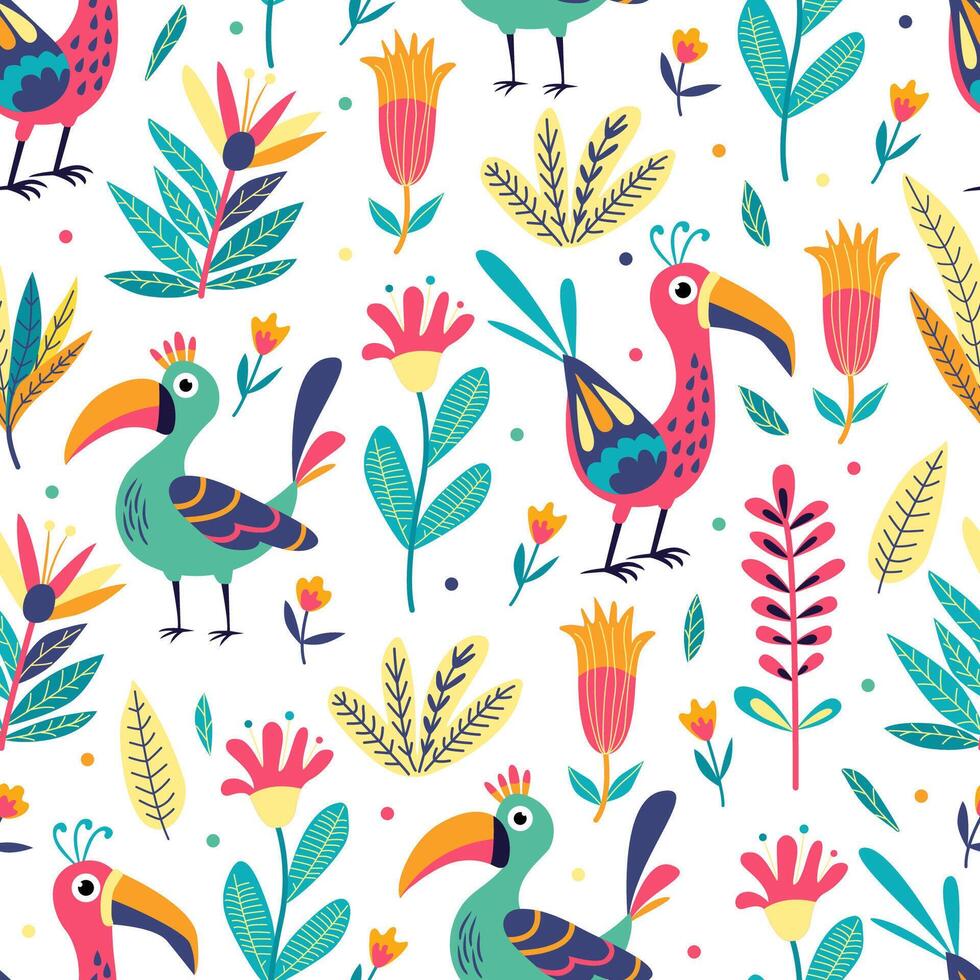 Seamless pattern with funny bright exotic tropical fantasy birds and flowers on white. Great for fabrics, especially for linens, wrapping papers, wallpapers, covers. Folklore style. vector