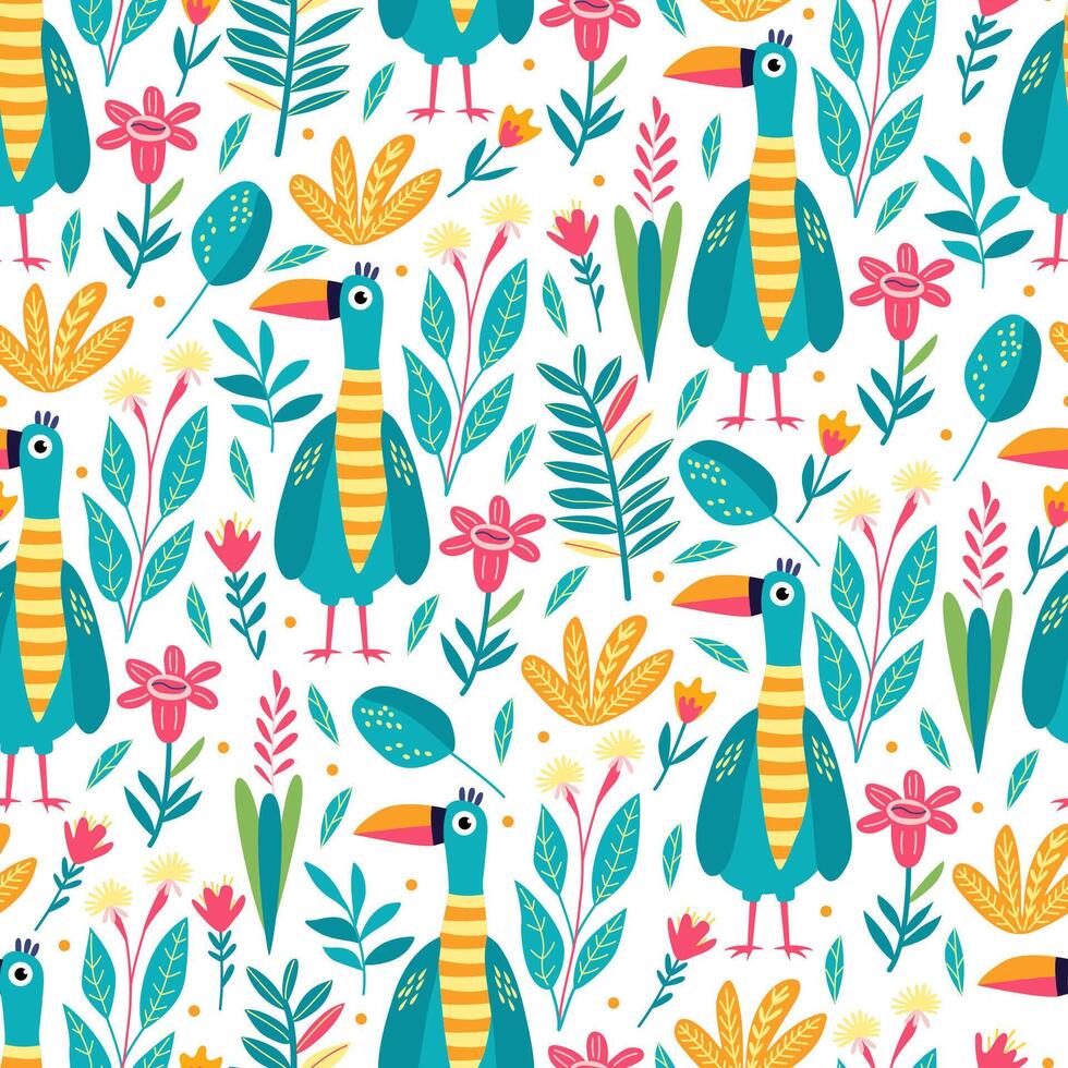 Seamless pattern with funny bright exotic tropical fantasy birds and flowers on white. Great for fabrics, especially for linens, wrapping papers, wallpapers, covers. Illustration in flat style. vector