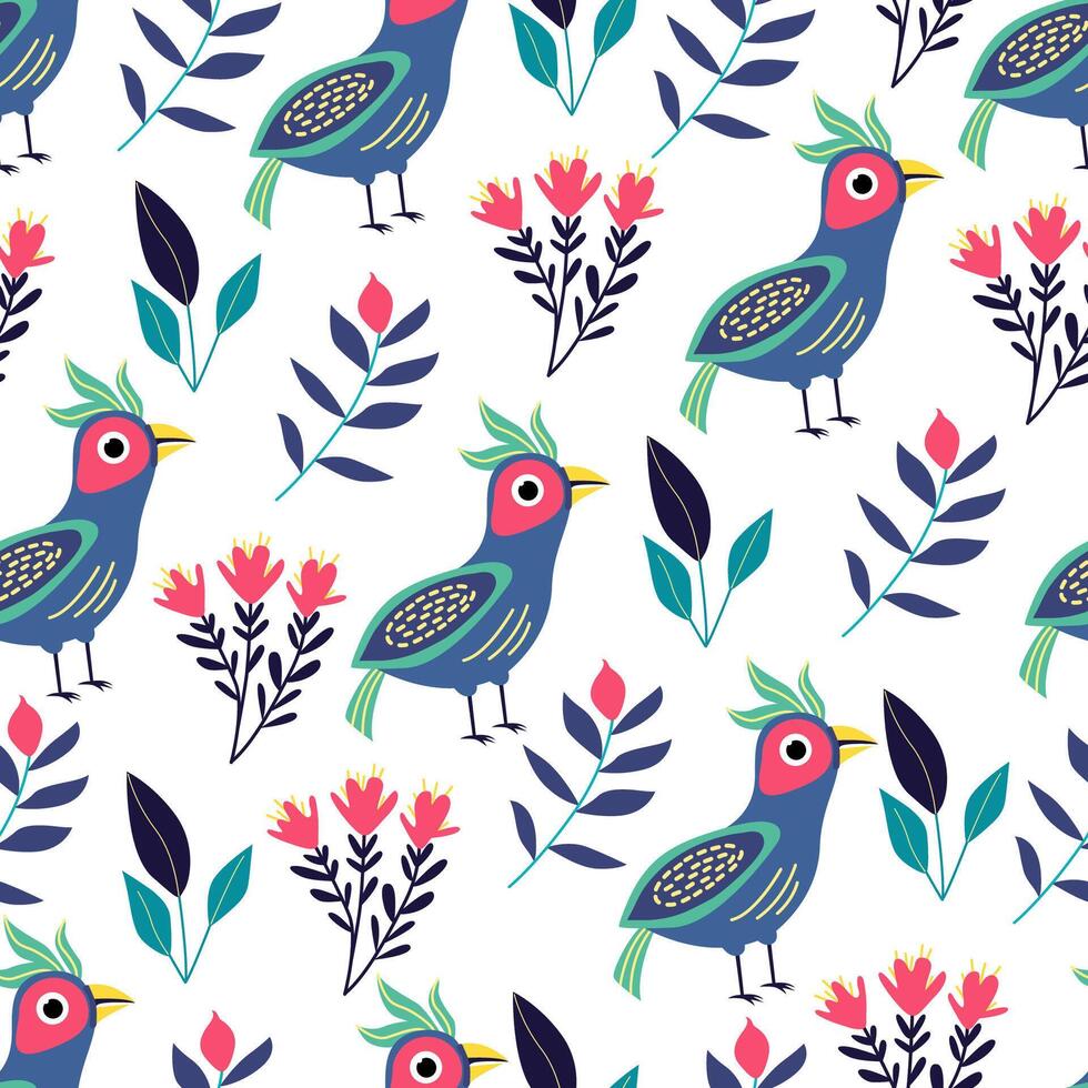 Seamless pattern with funny bright exotic tropical fantasy birds and flowers on white. Great for fabrics, especially for linens, wrapping papers, wallpapers, covers. Illustration in flat style. vector