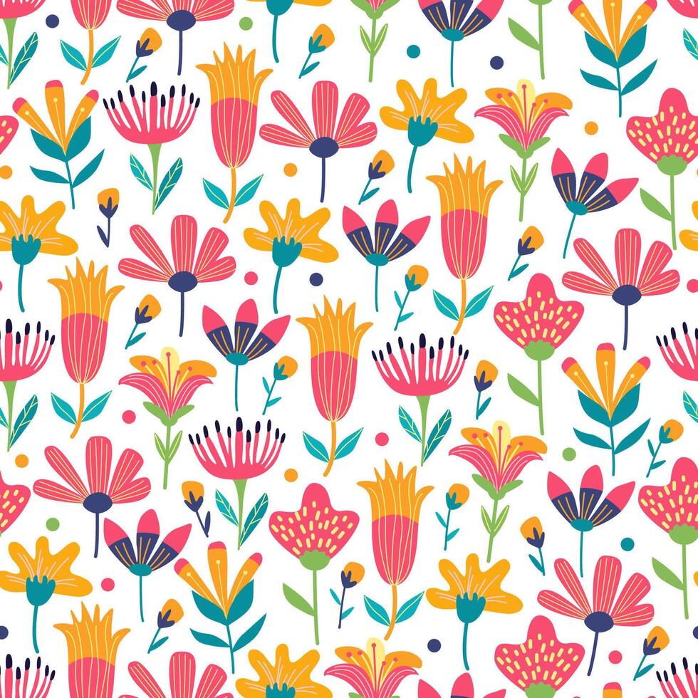 Floral seamless pattern with bright exotic tropical flowers and leaves on white. Great for fabrics, especially for linens, wrapping papers, wallpapers, covers. Iillustration in flat style vector