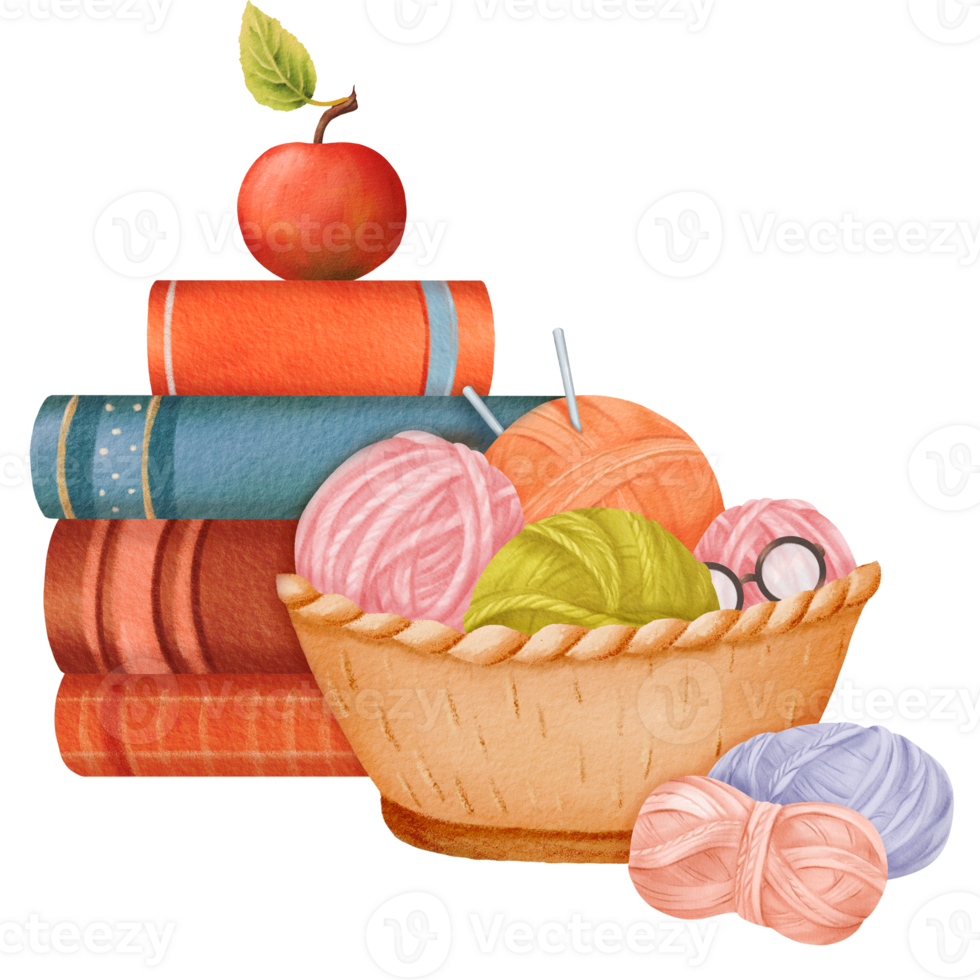 A watercolor illustration. a stack of books with an apple, several yarn skeins with knitting needles, and glasses in a woven basket. for educational materials, crafting tutorials, or lifestyle blogs png