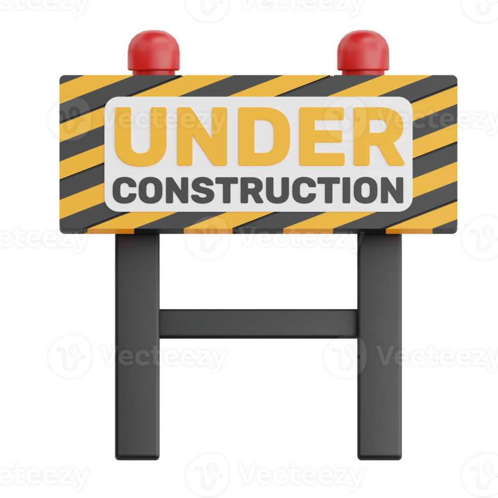 3D Render Under Construction Board Icon Illustration. Isolated on Transparent background png