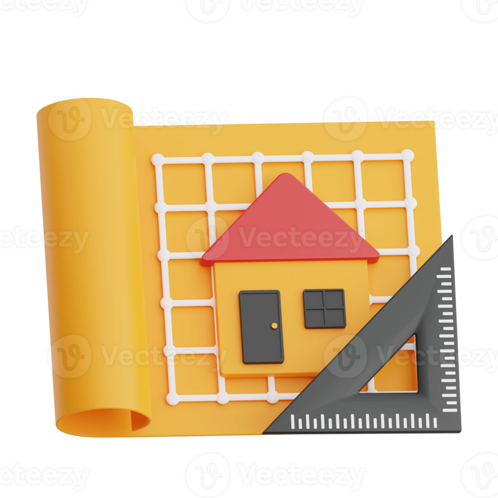3D Render Blue Print and Triangle Ruler Icon Illustration. Isolated on Transparent background png