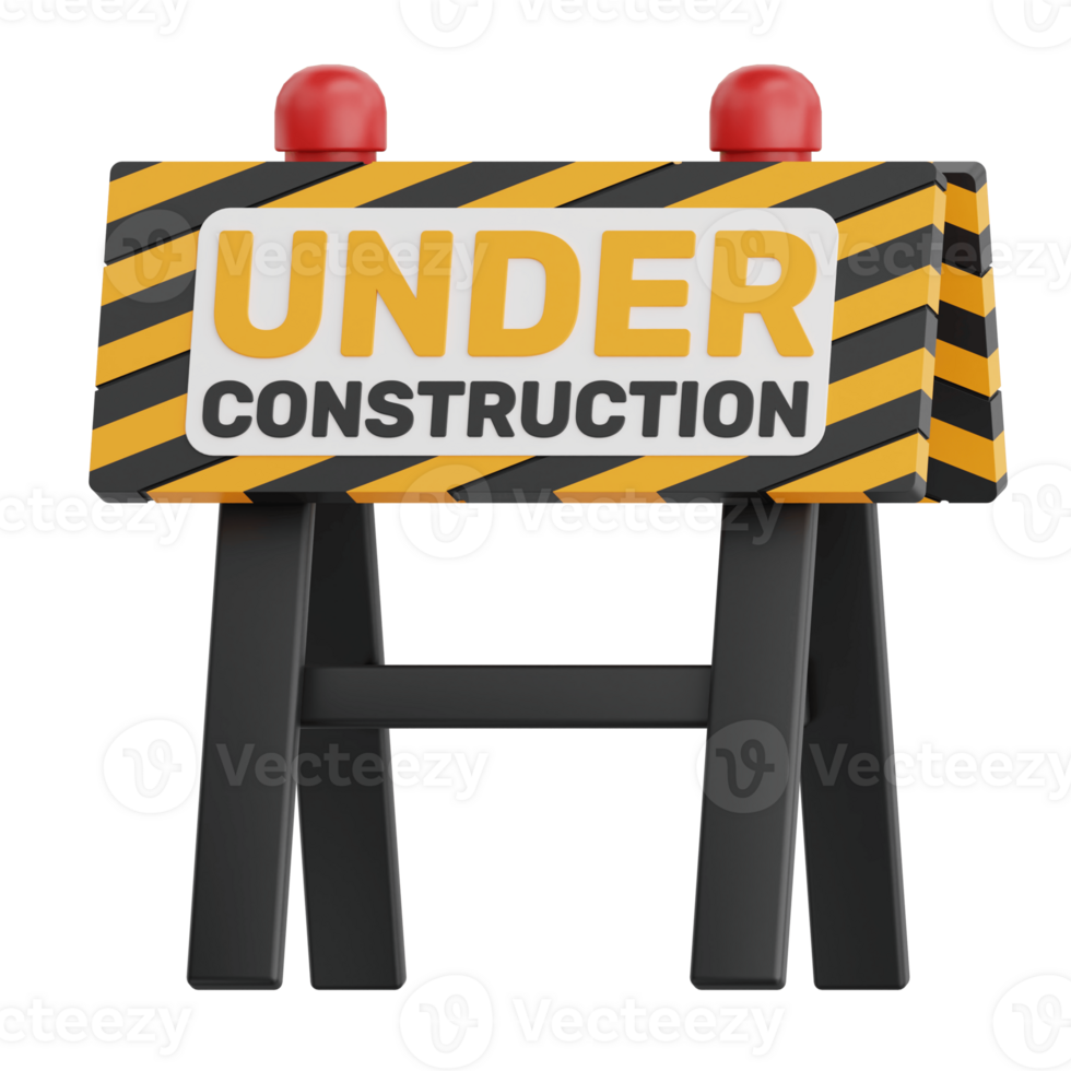 3D Render Under Construction Board Icon Illustration. Isolated on Transparent background png