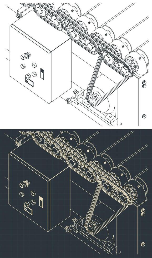 Roller conveyor mechanism and control closeup drawings vector