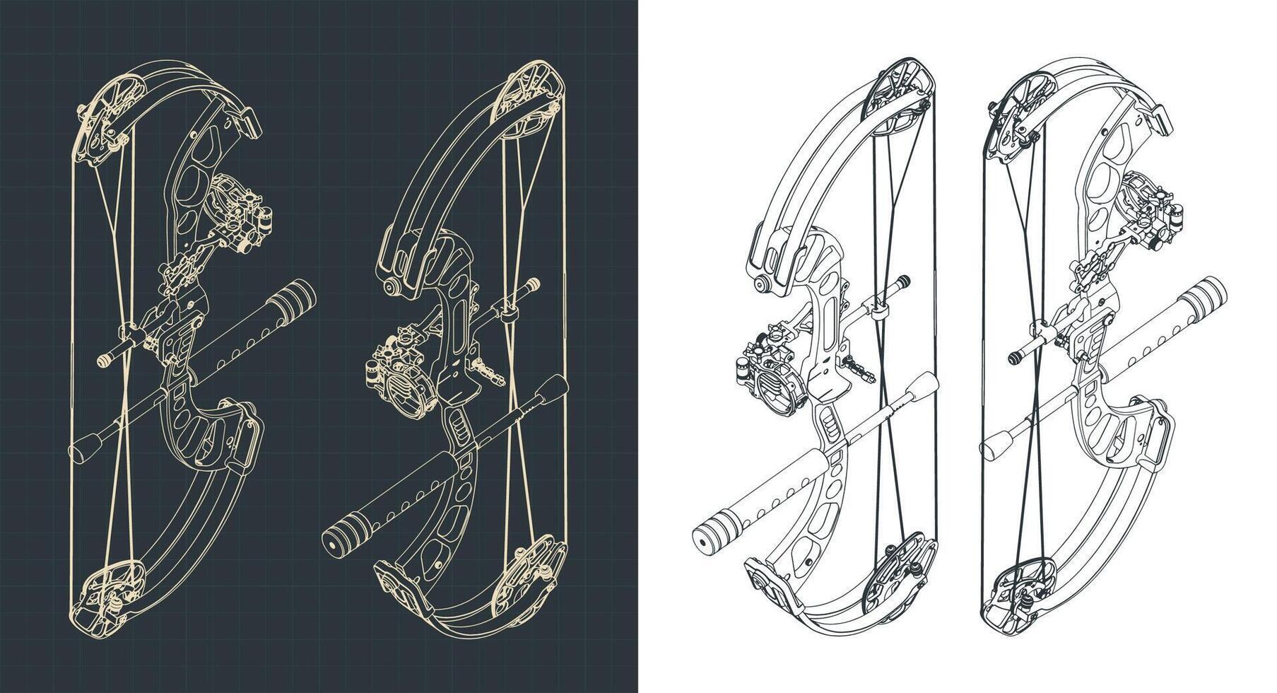 Compound hunting bow isometric blueprints vector