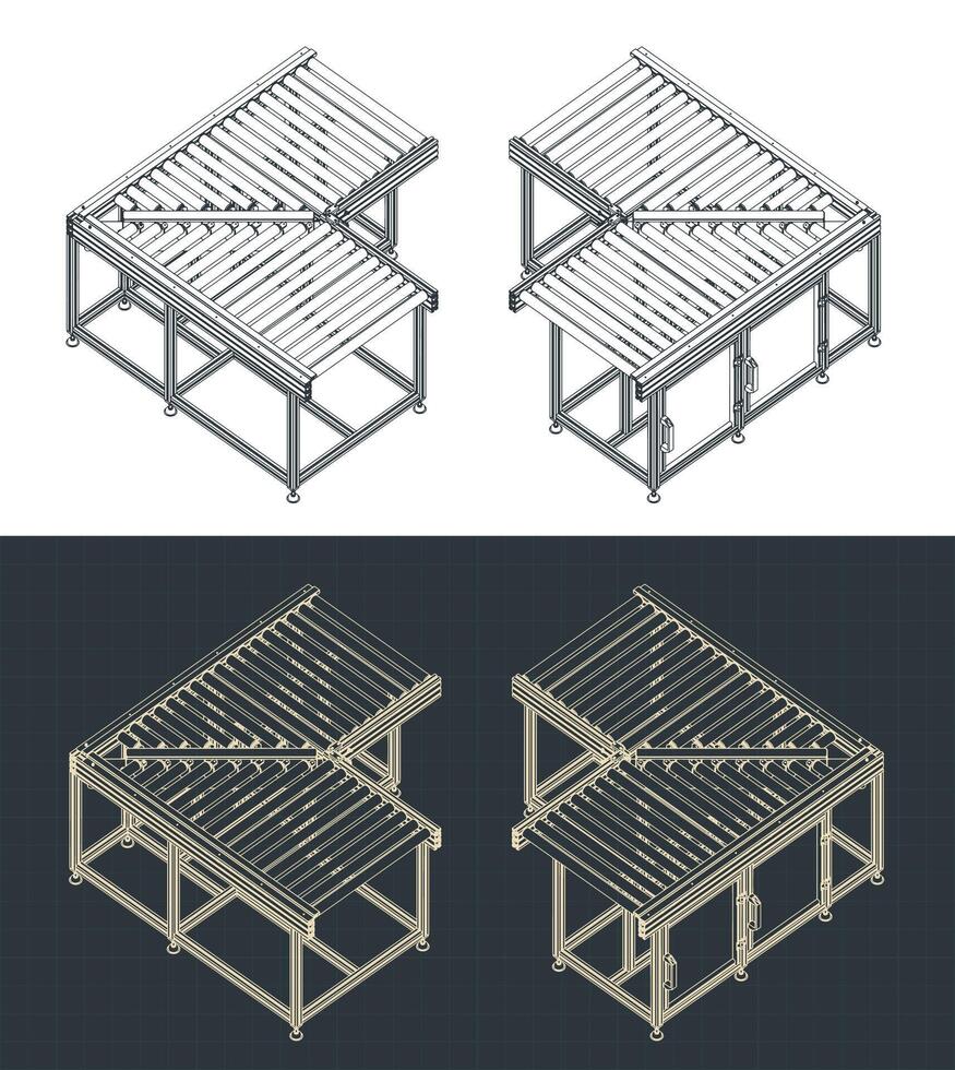 Corner section of roller conveyor isometric blueprints vector