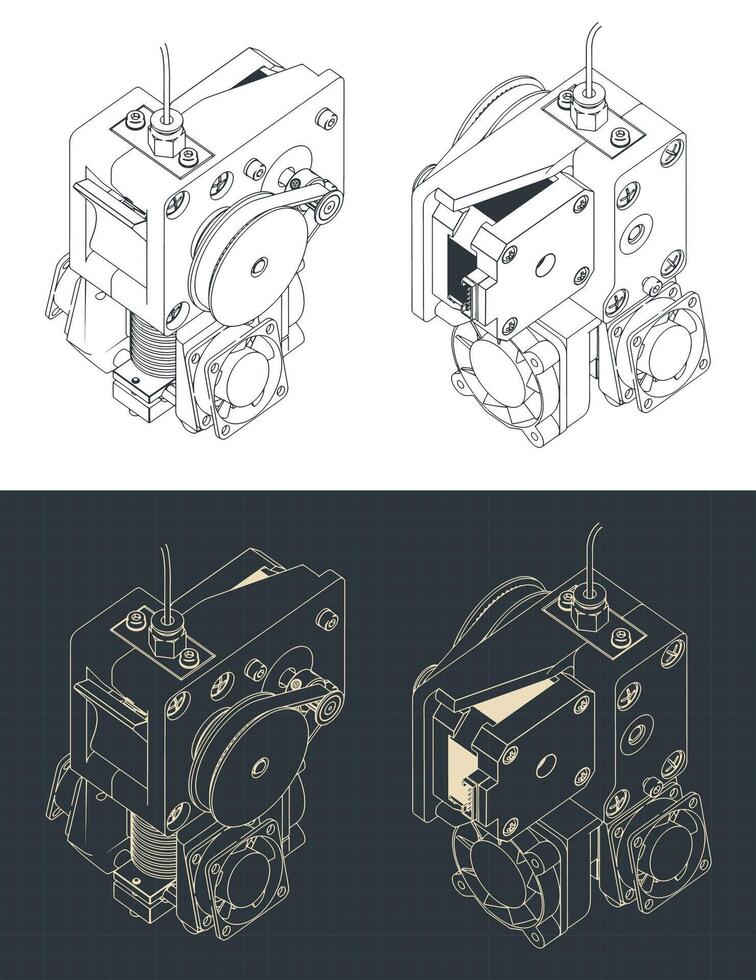 3d printer extruder isometric blueprints vector