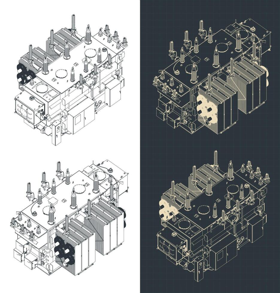 Distribution transformer isometric blueprints vector