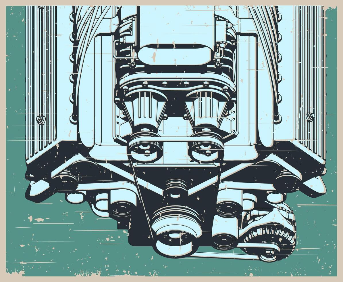 V engine close-up retro poster vector