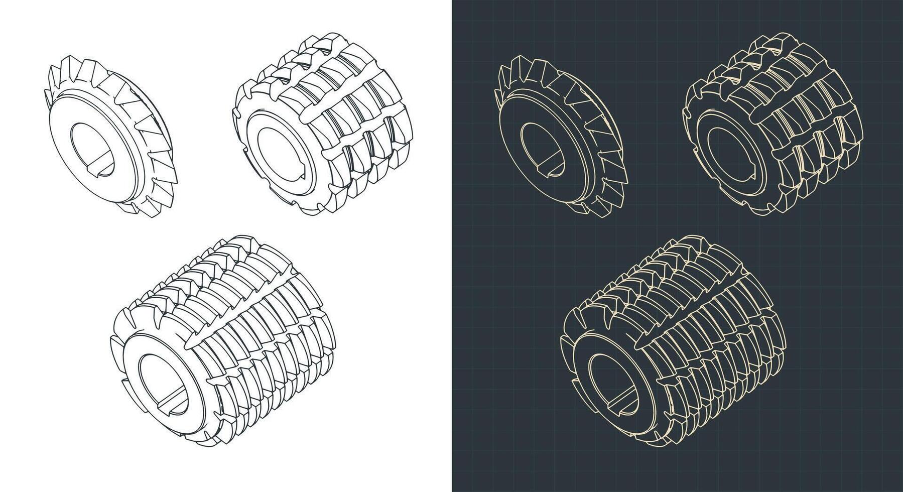 Milling cutters isometric blueprints vector