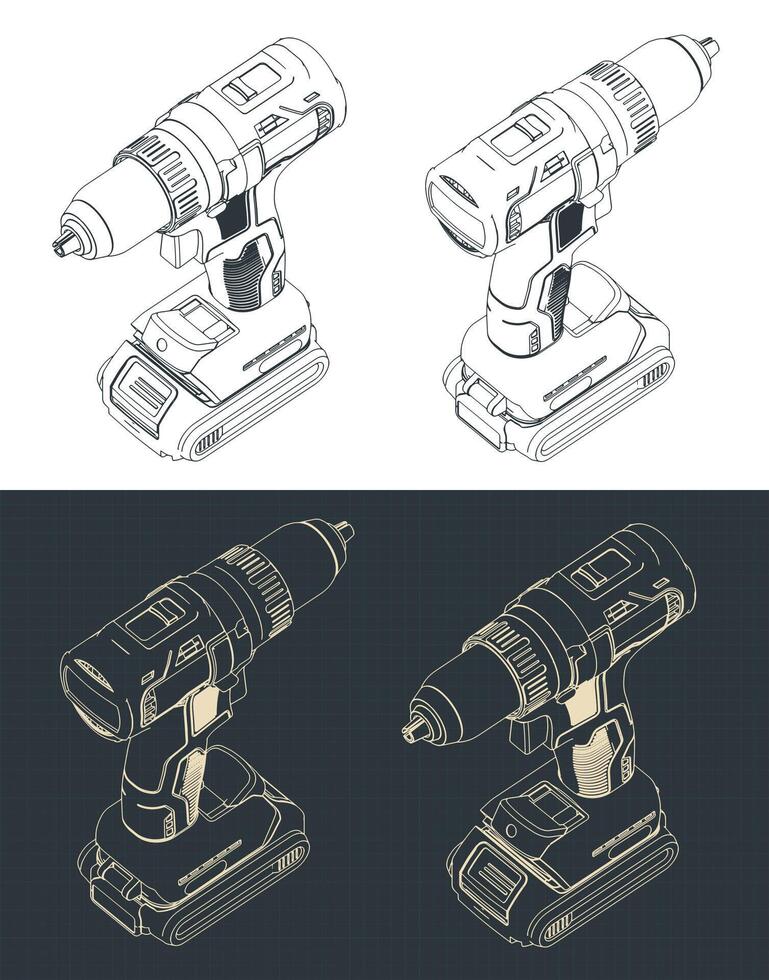 Cordless drill isometric blueprints vector