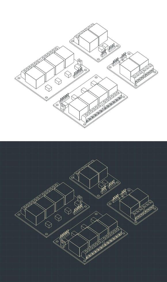 Two and four channel relays isometric blueprints vector